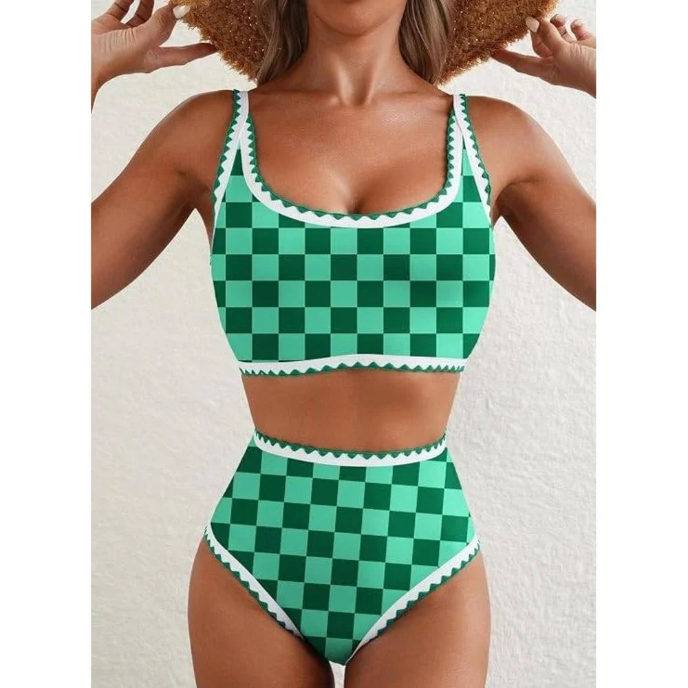 Women Green Checkered Ric Rac High Waisted Bikini Set Size L NWOT